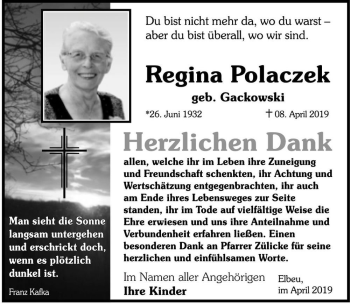 Traueranzeige von Regina Polaczek (geb. Gackowski)  von Magdeburger Volksstimme