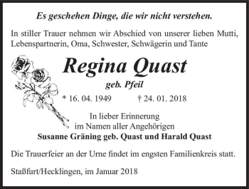Traueranzeige von Regina Quast (geb. Pfeil)  von Magdeburger Volksstimme