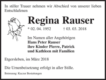 Traueranzeige von Regina Rauser  von Magdeburger Volksstimme