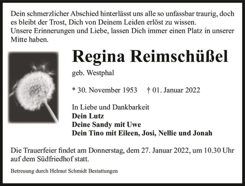  Traueranzeige für Regina Reimschüßel (geb. Westphal)  vom 08.01.2022 aus Magdeburger Volksstimme