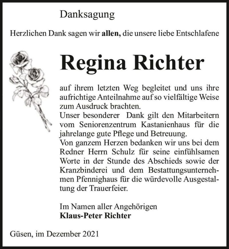  Traueranzeige für Regina Richter  vom 18.12.2021 aus Magdeburger Volksstimme