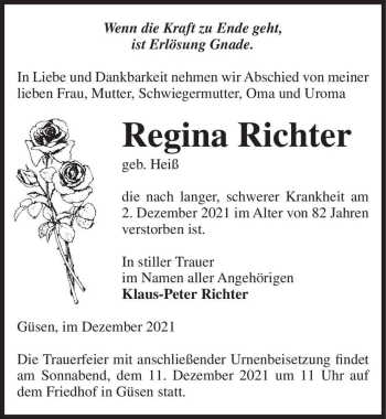 Traueranzeige von Regina Richter (geb. Heiß)  von Magdeburger Volksstimme
