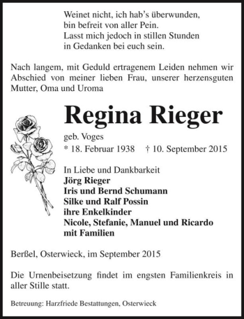 Traueranzeige von Regina Rieger (geb. Voges)  von Magdeburger Volksstimme