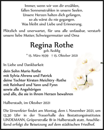 Traueranzeige von Regina Rothe (geb. Reddig)  von Magdeburger Volksstimme
