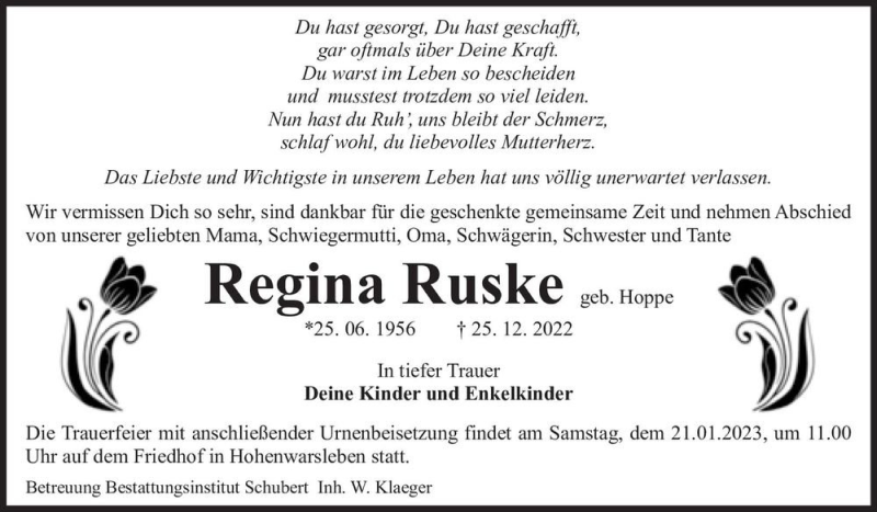  Traueranzeige für Regina Ruske (geb. Hoppe)  vom 14.01.2023 aus Magdeburger Volksstimme