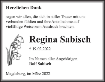 Traueranzeige von Regina Sabisch  von Magdeburger Volksstimme