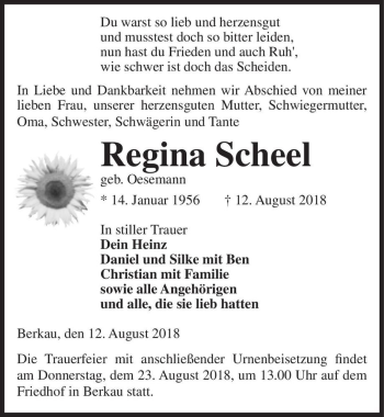 Traueranzeige von Regina Scheel (geb. Oesemann)  von Magdeburger Volksstimme