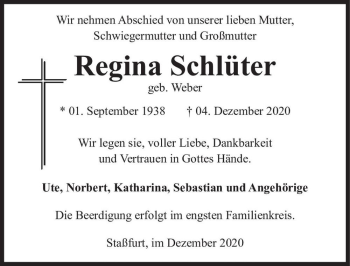 Traueranzeige von Regina Schlüter (geb. Weber)  von Magdeburger Volksstimme