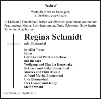 Traueranzeige von Regina Schmidt (geb. Blumenthal)  von Magdeburger Volksstimme