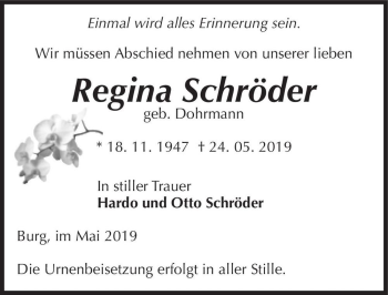 Traueranzeige von Regina Schröder (geb. Dohrmann)  von Magdeburger Volksstimme