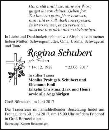 Traueranzeige von Regina Schubert (geb. Peukert)  von Magdeburger Volksstimme