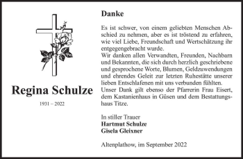 Traueranzeige von Regina Schulze  von Magdeburger Volksstimme