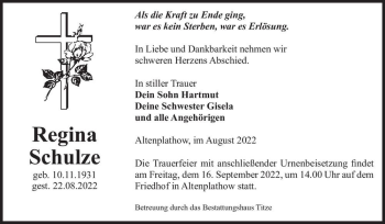 Traueranzeige von Regina Schulze  von Magdeburger Volksstimme