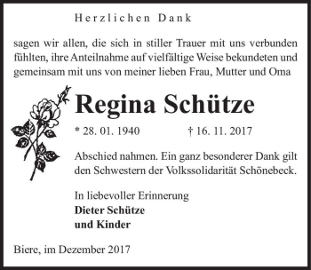 Traueranzeige von Regina Schütze  von Magdeburger Volksstimme