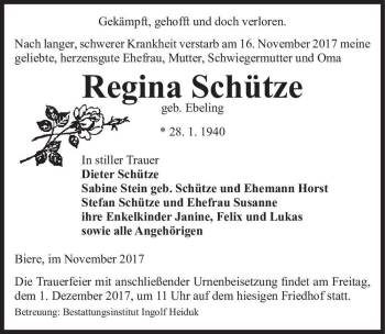 Traueranzeige von Regina Schütze (geb. Ebeling)  von Magdeburger Volksstimme