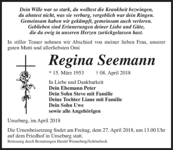 Traueranzeige von Regina Seemann  von Magdeburger Volksstimme