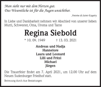 Traueranzeige von Regina Siebold  von Magdeburger Volksstimme