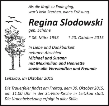 Traueranzeige von Regina Slodowski (geb. Schöne)  von Magdeburger Volksstimme