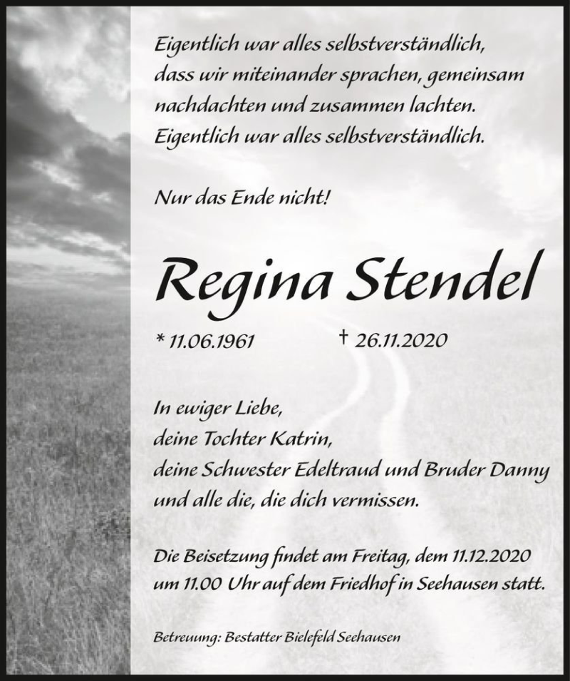  Traueranzeige für Regina Stendal  vom 05.12.2020 aus Magdeburger Volksstimme