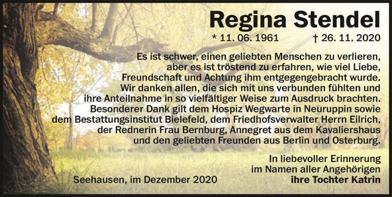  Traueranzeige für Regina Stendel  vom 19.12.2020 aus Magdeburger Volksstimme
