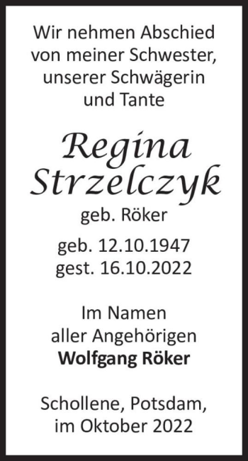 Traueranzeige von Regina Strzelczyk (geb. Röker)  von Magdeburger Volksstimme