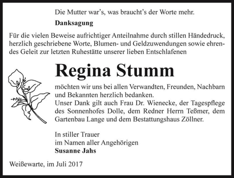  Traueranzeige für Regina Stumm  vom 08.07.2017 aus Magdeburger Volksstimme