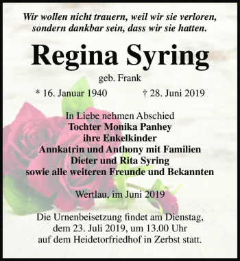 Traueranzeige von Regina Syring (geb. Frank)  von Magdeburger Volksstimme