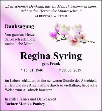 Traueranzeige von Regina Syring (geb. Frank)  von Magdeburger Volksstimme