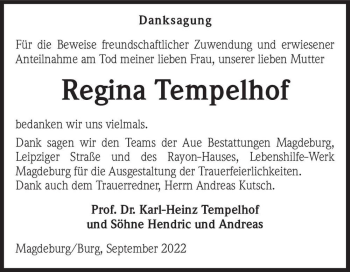 Traueranzeige von Regina Tempelhof  von Magdeburger Volksstimme