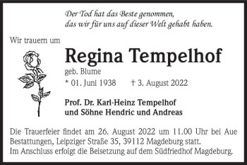 Traueranzeige von Regina Tempelhof (geb. Blume)  von Magdeburger Volksstimme