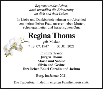 Traueranzeige von Regina Thoms (geb. Mickan)  von Magdeburger Volksstimme
