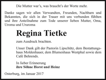 Traueranzeige von Regina Tietke  von Magdeburger Volksstimme