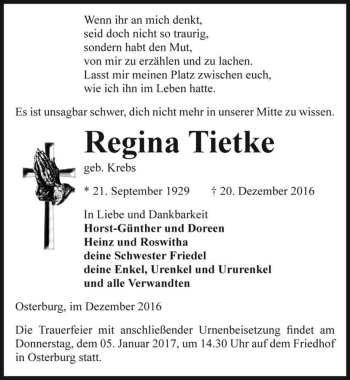 Traueranzeige von Regina Tietke (geb. Krebs)  von Magdeburger Volksstimme