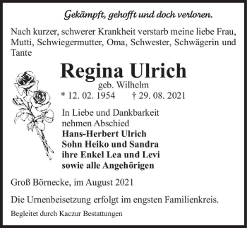 Traueranzeige von Regina Ulrich (geb. Wilhelm)  von Magdeburger Volksstimme
