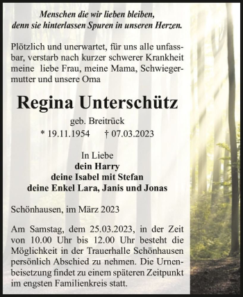 Traueranzeige von Regina Unterschütz von Magdeburger Volksstimme