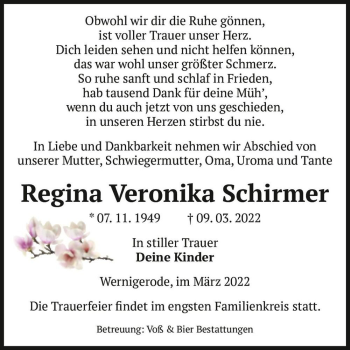 Traueranzeige von Regina Veronika Schirmer  von Magdeburger Volksstimme