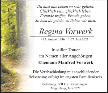 Traueranzeige von Regina Vorwerk  von Magdeburger Volksstimme