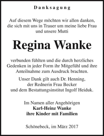Traueranzeige von Regina Wanke  von Magdeburger Volksstimme