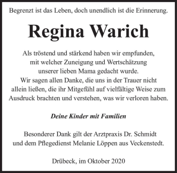 Traueranzeige von Regina Warich  von Magdeburger Volksstimme