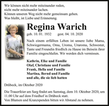 Traueranzeige von Regina Warich  von Magdeburger Volksstimme