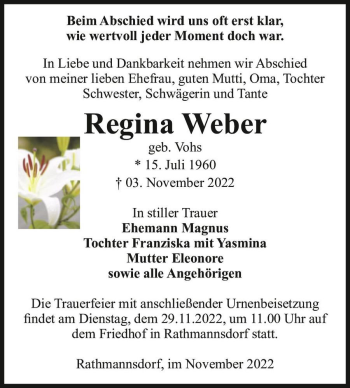 Traueranzeige von Regina Weber (geb. Vohs)  von Magdeburger Volksstimme