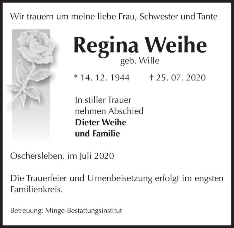  Traueranzeige für Regina Weihe (geb. Wille)  vom 29.07.2020 aus Magdeburger Volksstimme