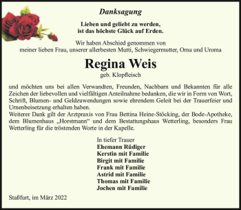 Traueranzeige von Regina Weis (geb. Klopfleisch)  von Magdeburger Volksstimme