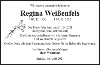 Traueranzeige von Regina Weißenfels  von Magdeburger Volksstimme