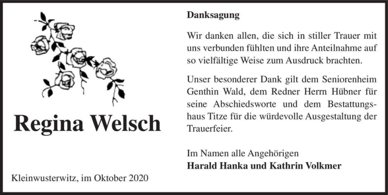  Traueranzeige für Regina Welsch  vom 30.10.2020 aus Magdeburger Volksstimme