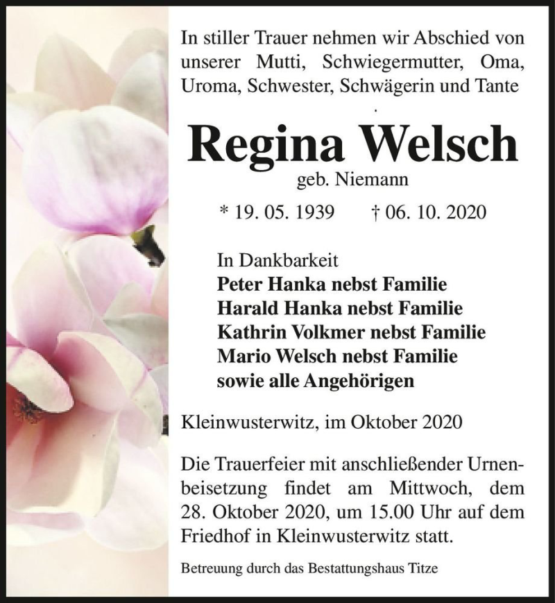  Traueranzeige für Regina Welsch (geb. Niemann)  vom 17.10.2020 aus Magdeburger Volksstimme