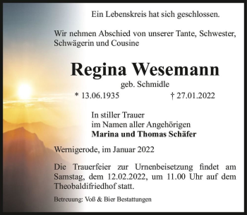 Traueranzeige von Regina Wesemann (geb. Schmidle)  von Magdeburger Volksstimme