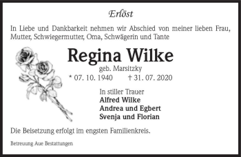 Traueranzeige von Regina Wilke (geb. Marsitzky)  von Magdeburger Volksstimme