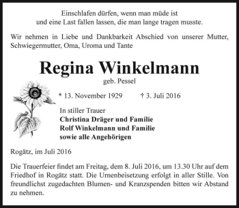 Traueranzeige von Regina Winkelmann (geb. Pessel)  von Magdeburger Volksstimme