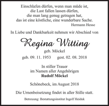 Traueranzeige von Regina Witting (geb. Möckel)  von Magdeburger Volksstimme